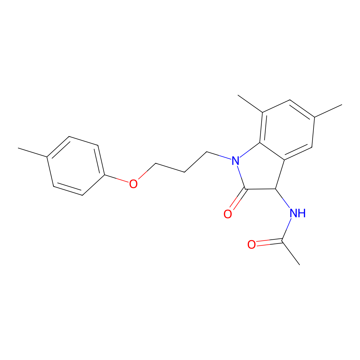 N-(5,7-dimethyl-2-oxo-1-(3-(p-tolyloxy)propyl)indolin-3-yl)acetamide molecular structure, CAS 1009415-69-3