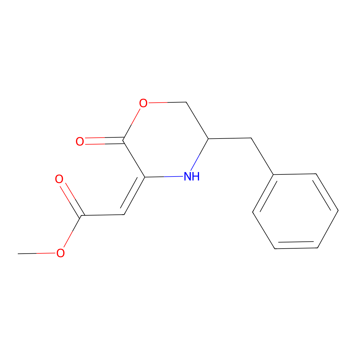 Methyl 2-(5-benzyl-2-oxomorpholin-3-ylidene)acetate molecular structure, CAS 100944-55-6