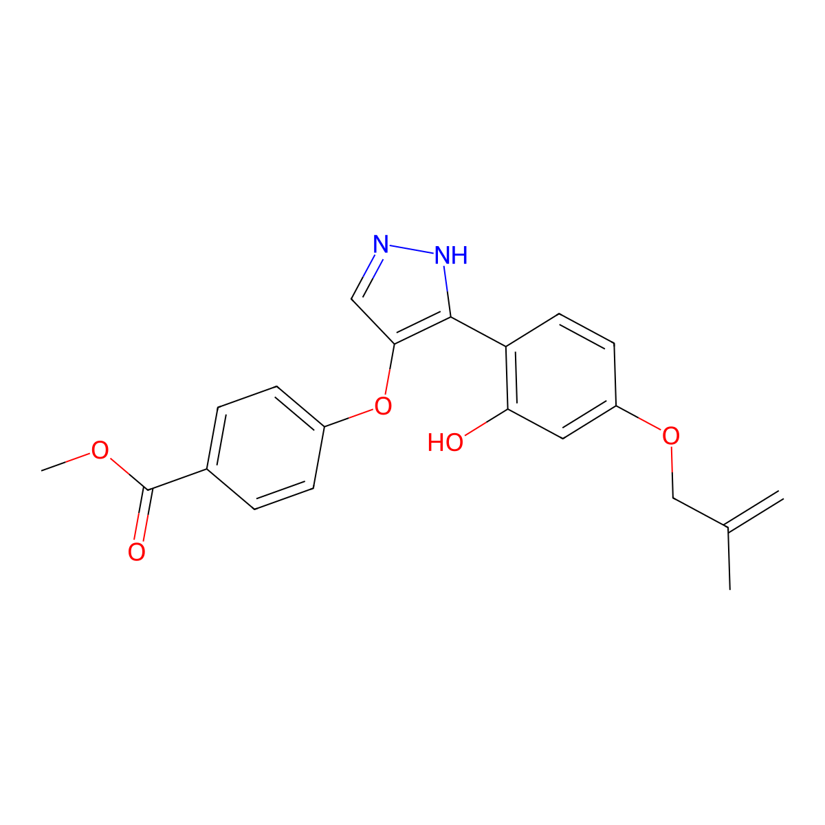 methyl 4-((3-(2-hydroxy-4-((2-methylallyl)oxy)phenyl)-1H-pyrazol-4-yl)oxy)benzoate molecular structure, CAS 1009469-65-1
