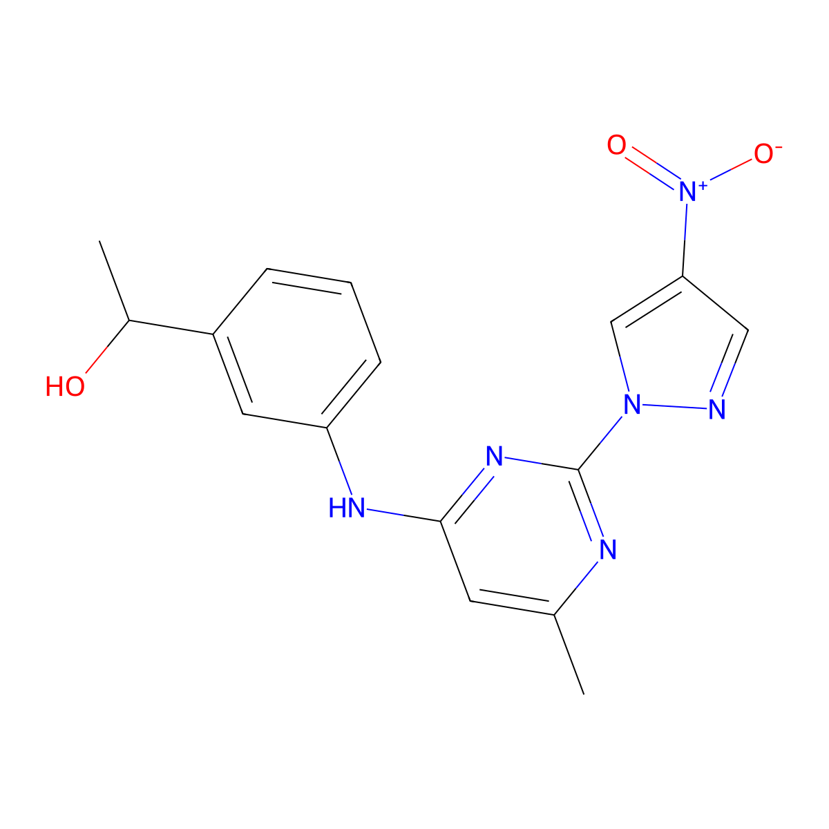 1-(3-((6-methyl-2-(4-nitro-1H-pyrazol-1-yl)pyrimidin-4-yl)amino)phenyl)ethanol molecular structure, CAS 1009489-67-1
