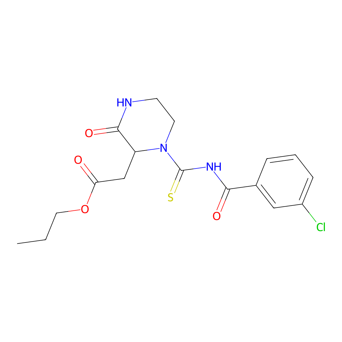 Propyl 2-(1-((3-chlorobenzoyl)carbamothioyl)-3-oxopiperazin-2-yl)acetate molecular structure, CAS 1009494-19-2