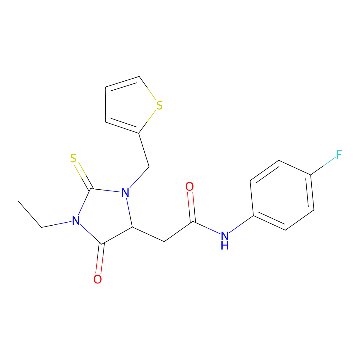 2-[1-ethyl-5-oxo-2-sulfanylidene-3-(thiophen-2-ylmethyl)imidazolidin-4-yl]-N-(4-fluorophenyl)acetamide molecular structure, CAS 1009523-48-1