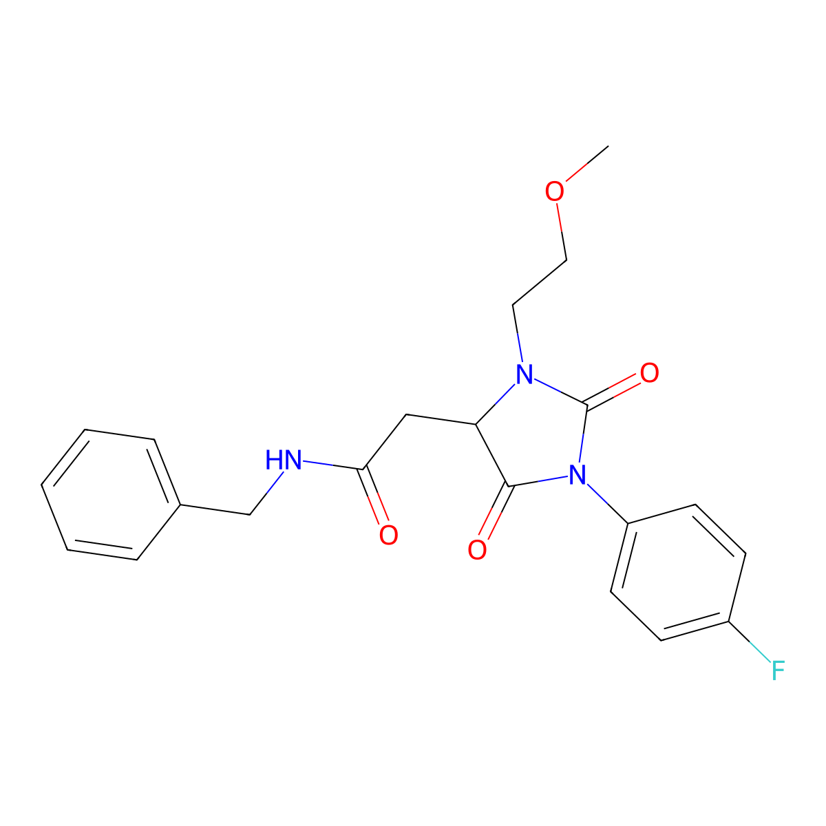 N-benzyl-2-(1-(4-fluorophenyl)-3-(2-methoxyethyl)-2,5-dioxoimidazolidin-4-yl)acetamide molecular structure, CAS 1009526-12-8
