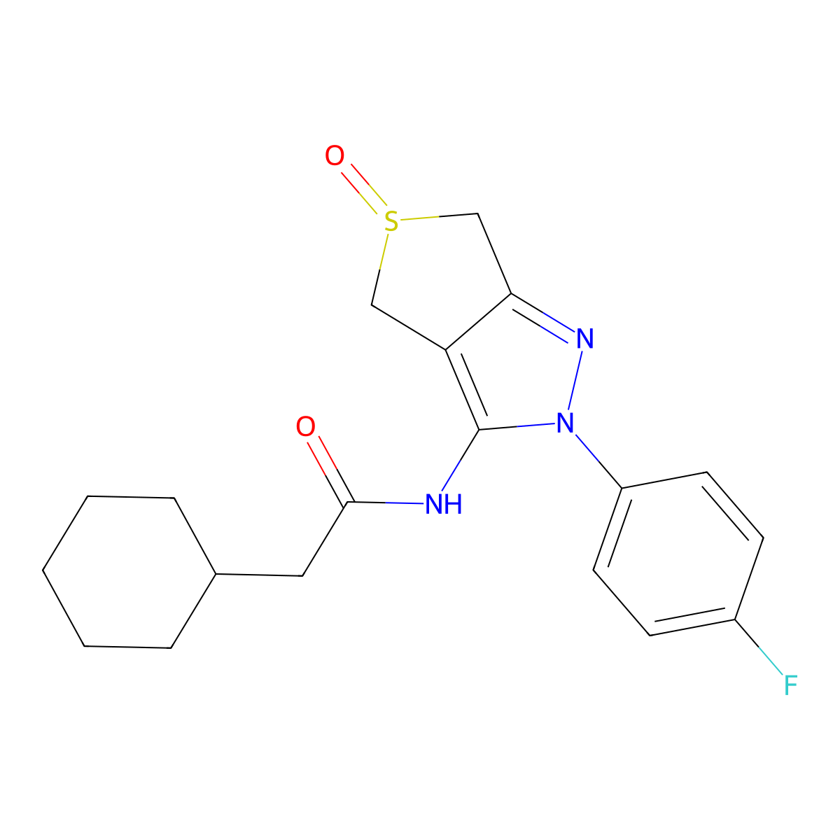 2-cyclohexyl-N-(2-(4-fluorophenyl)-5-oxido-4,6-dihydro-2H-thieno[3,4-c]pyrazol-3-yl)acetamide molecular structure, CAS 1009543-32-1
