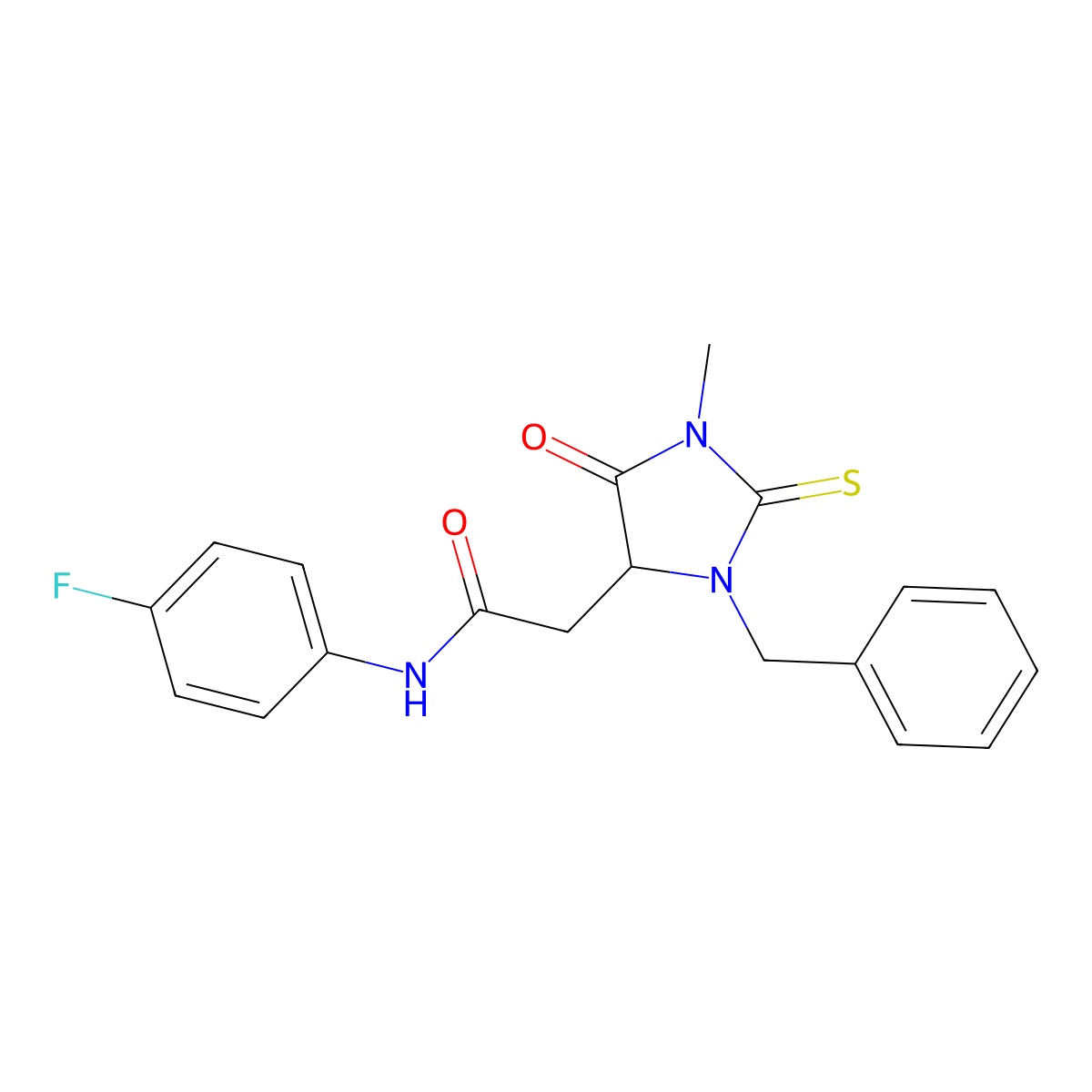 2-(3-benzyl-1-methyl-5-oxo-2-thioxoimidazolidin-4-yl)-N-(4-fluorophenyl)acetamide molecular structure, CAS 1009547-14-1