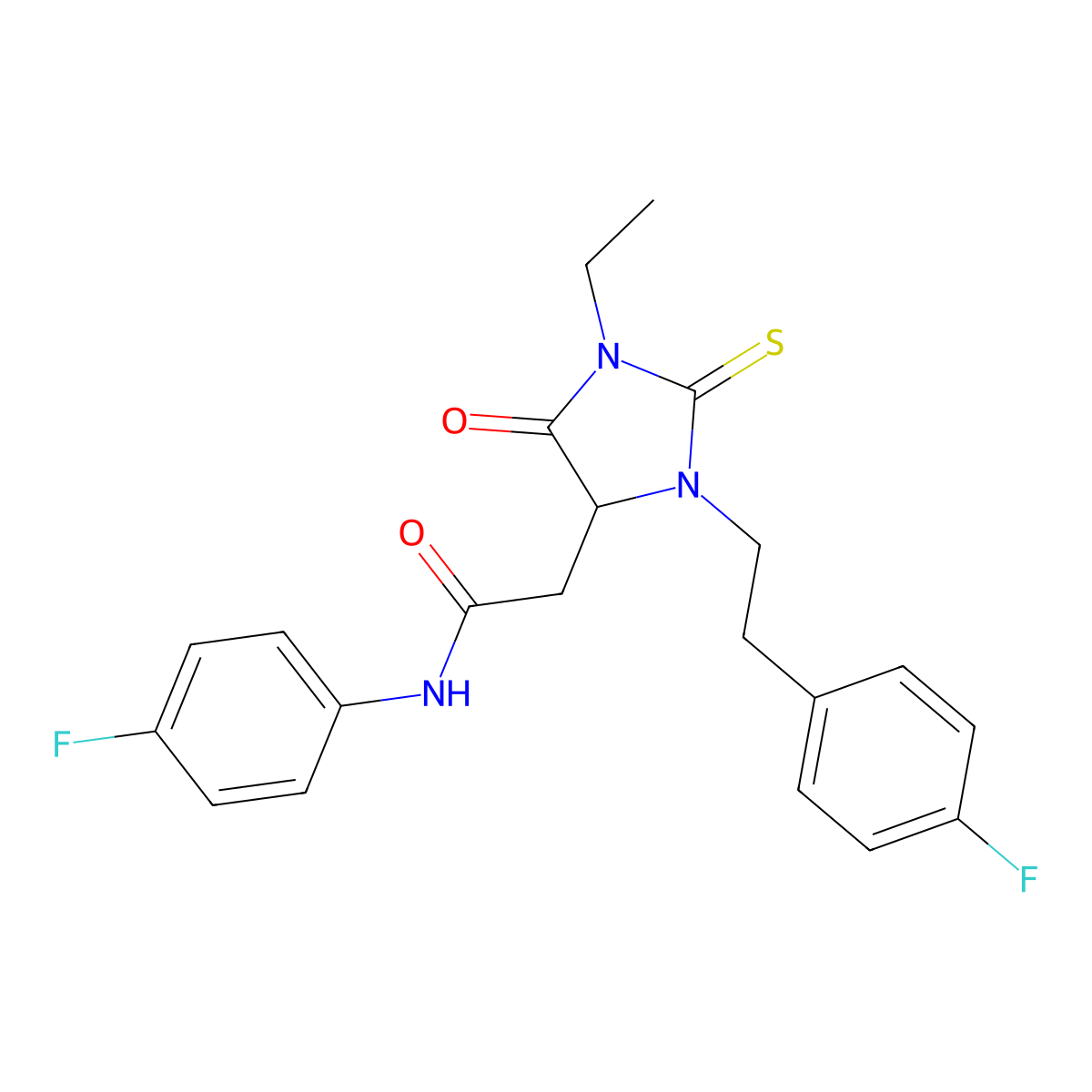 2-{1-ethyl-3-[2-(4-fluorophenyl)ethyl]-5-oxo-2-thioxoimidazolidin-4-yl}-N-(4-fluorophenyl)acetamide molecular structure, CAS 1009576-55-9