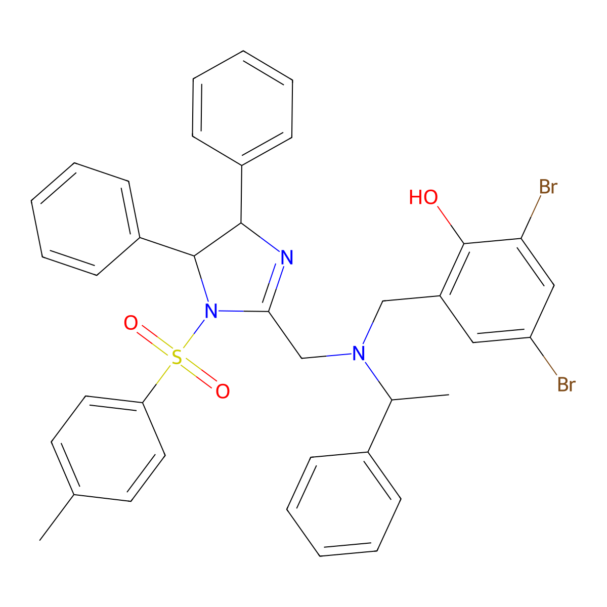 2,4-Dibromo-6-[[[[(4S,5S)-4,5-dihydro-4,5-diphenyl-1-tosyl-1H-imidazol-2-yl]methyl][(S)-1-phenylethyl]amino]methyl]phenol molecular structure, CAS 1009582-56-2