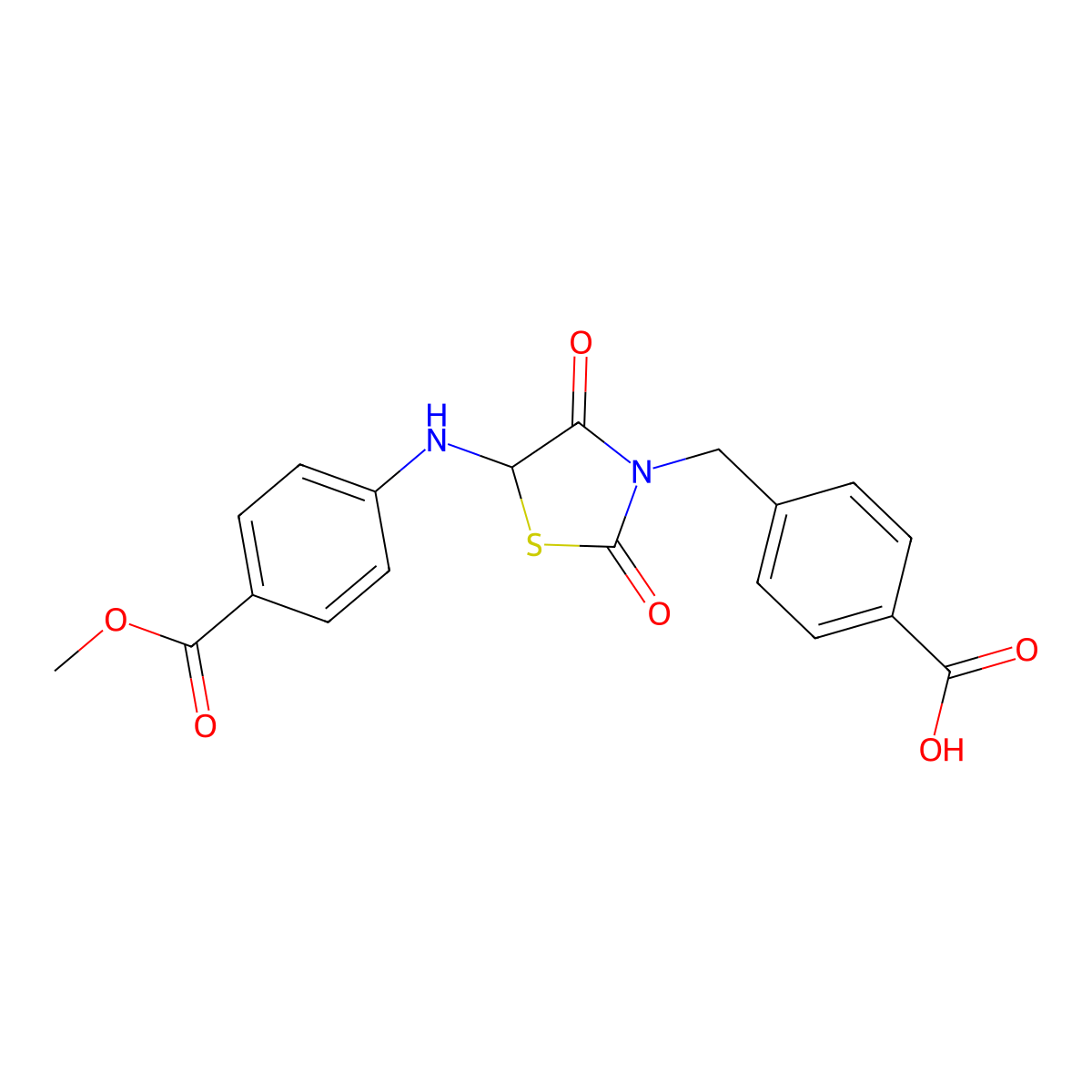4-((5-((4-(Methoxycarbonyl)phenyl)amino)-2,4-dioxothiazolidin-3-yl)methyl)benzoic acid molecular structure, CAS 1009605-37-1