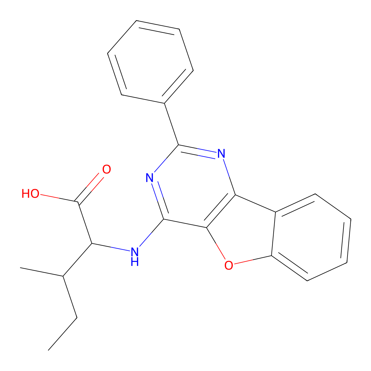 3-Methyl-2-((2-phenylbenzofuro[3,2-d]pyrimidin-4-yl)amino)pentanoic acid molecular structure, CAS 1009665-60-4
