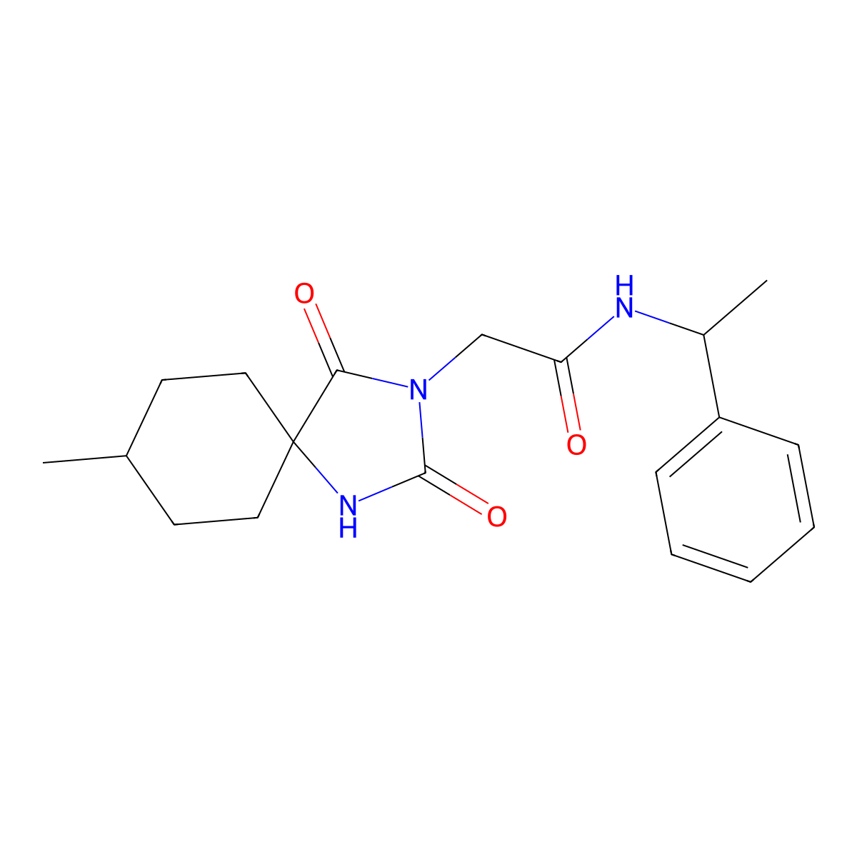 2-(8-methyl-2,4-dioxo-1,3-diazaspiro[4.5]dec-3-yl)-N-(1-phenylethyl)acetamide molecular structure, CAS 1009671-47-9
