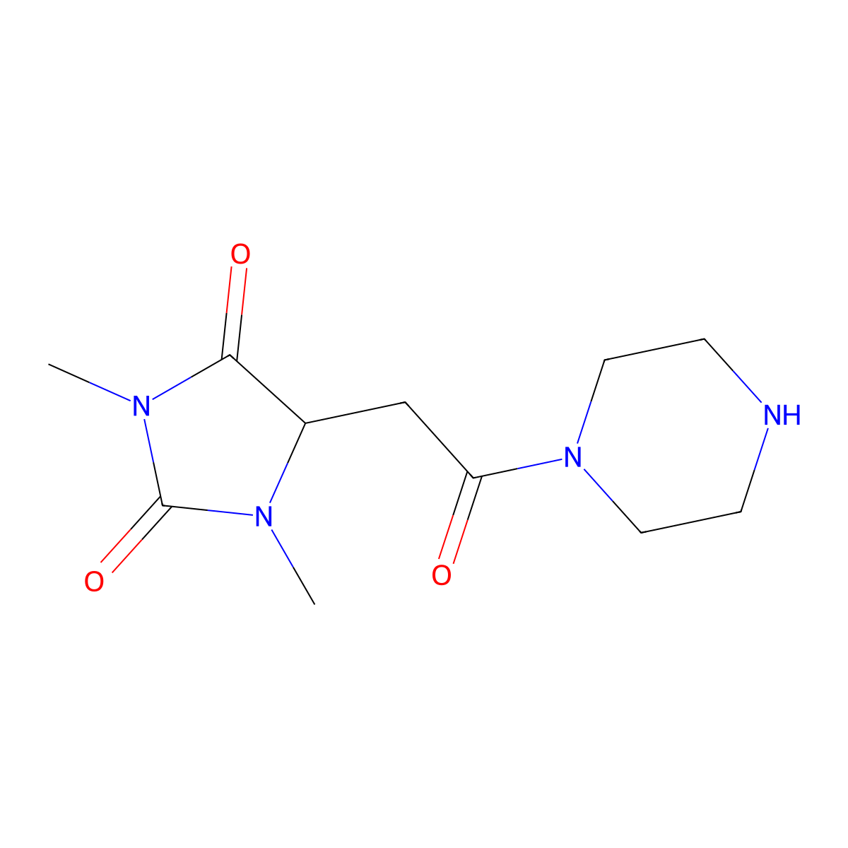 1,3-Dimethyl-5-(2-oxo-2-(piperazin-1-yl)ethyl)imidazolidine-2,4-dione molecular structure, CAS 1009673-49-7