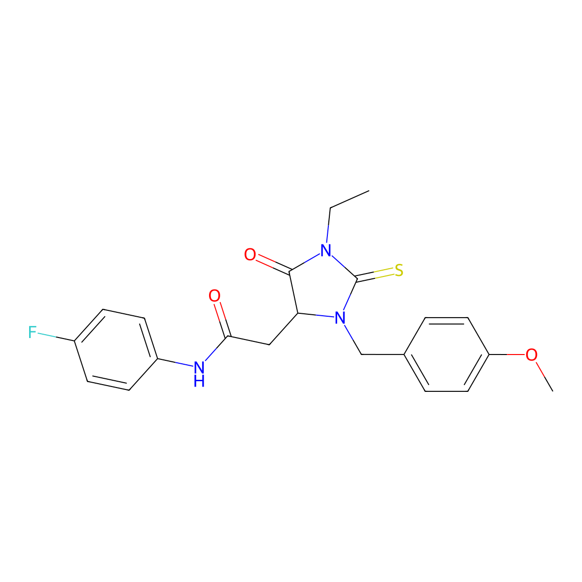 2-[1-ethyl-3-(4-methoxybenzyl)-5-oxo-2-thioxoimidazolidin-4-yl]-N-(4-fluorophenyl)acetamide molecular structure, CAS 1009682-64-7