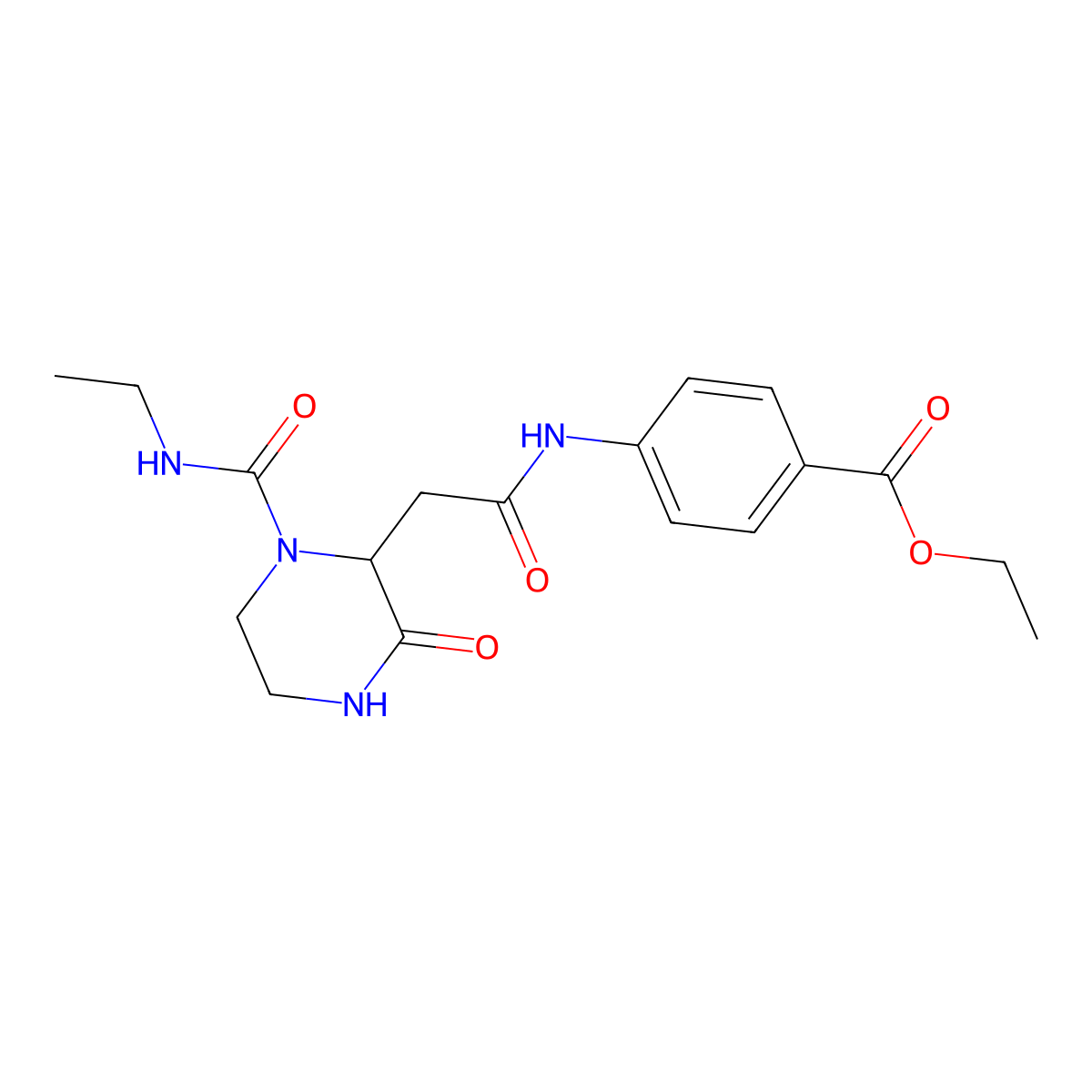 Ethyl 4-({[1-(ethylcarbamoyl)-3-oxopiperazin-2-yl]acetyl}amino)benzoate molecular structure, CAS 1009688-47-4