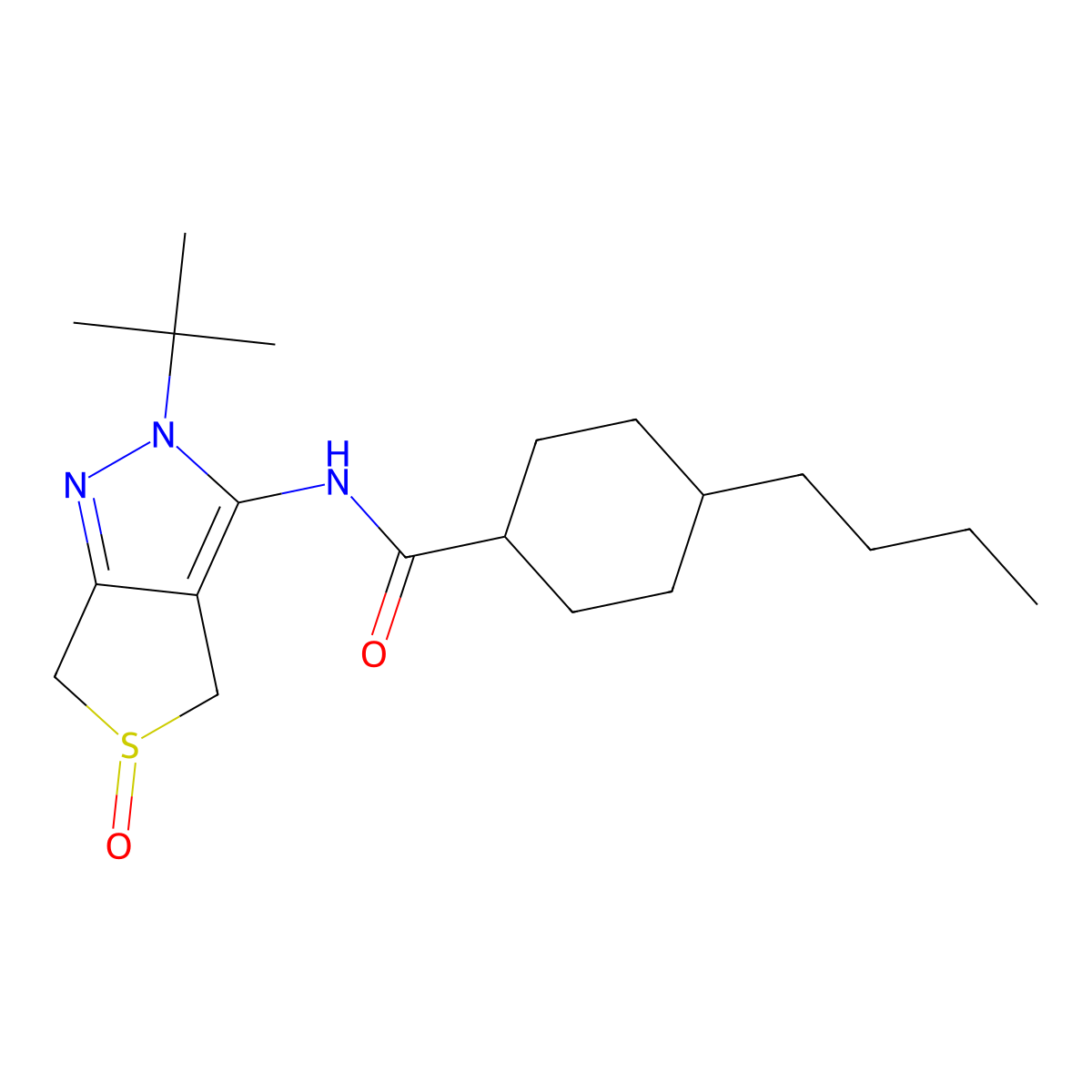 4-butyl-N-(2-tert-butyl-5-oxo-4,6-dihydrothieno[3,4-c]pyrazol-3-yl)cyclohexane-1-carboxamide molecular structure, CAS 1009708-04-6