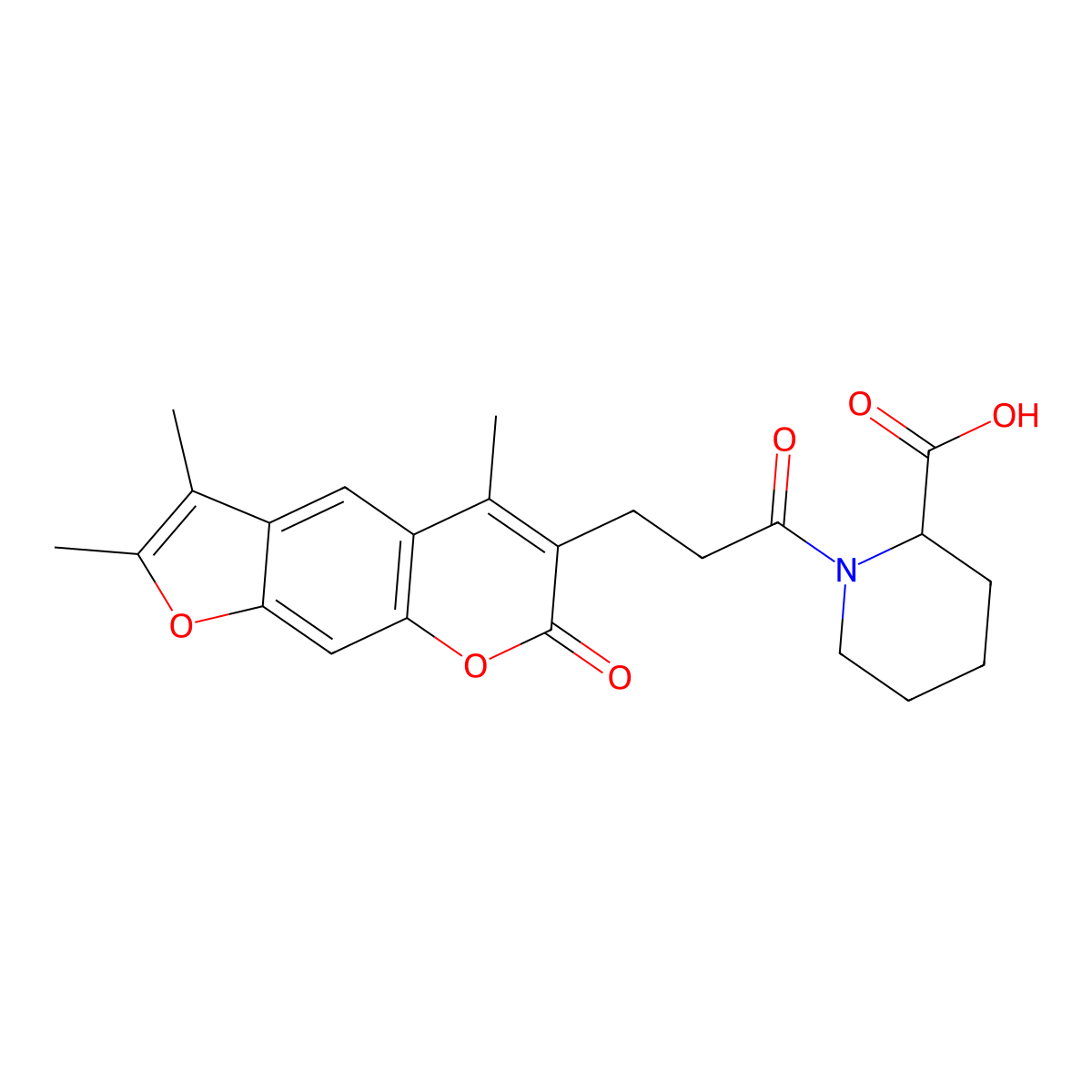 1-[3-(2,3,5-trimethyl-7-oxo-7H-furo[3,2-g]chromen-6-yl)propanoyl]-2-piperidinecarboxylic acid molecular structure, CAS 1009724-41-7