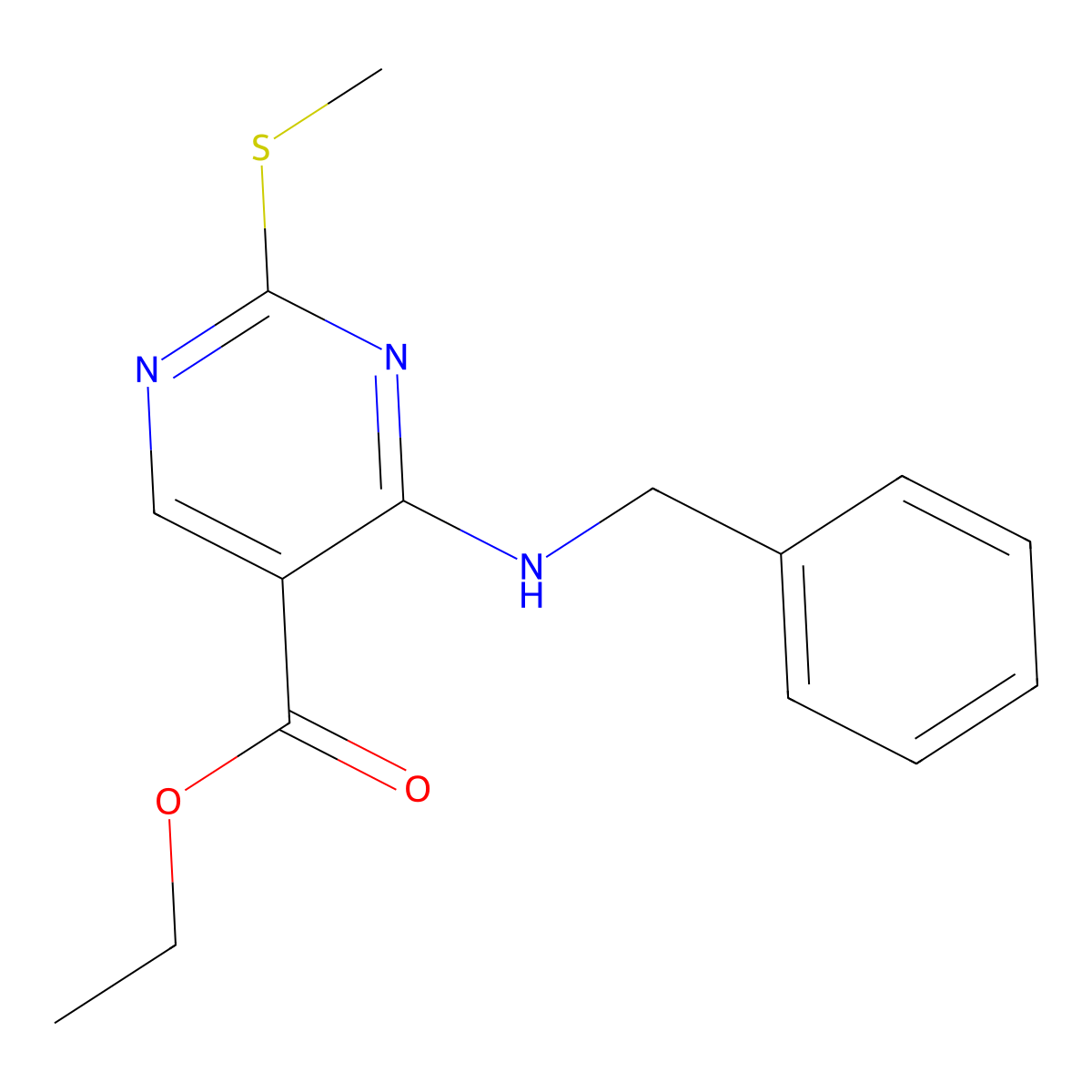 Ethyl 4-(benzylamino)-2-(methylthio)pyrimidine-5-carboxylate molecular structure, CAS 100973-67-9