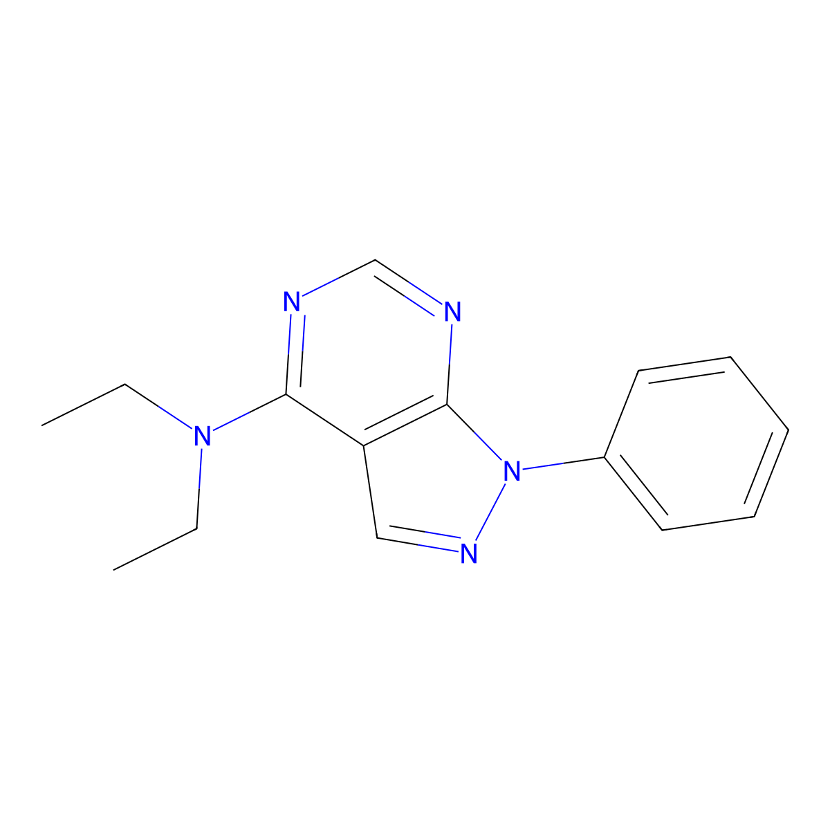 N,N-diethyl-1-phenyl-1H-pyrazolo[3,4-d]pyrimidin-4-amine molecular structure, CAS 100974-11-6