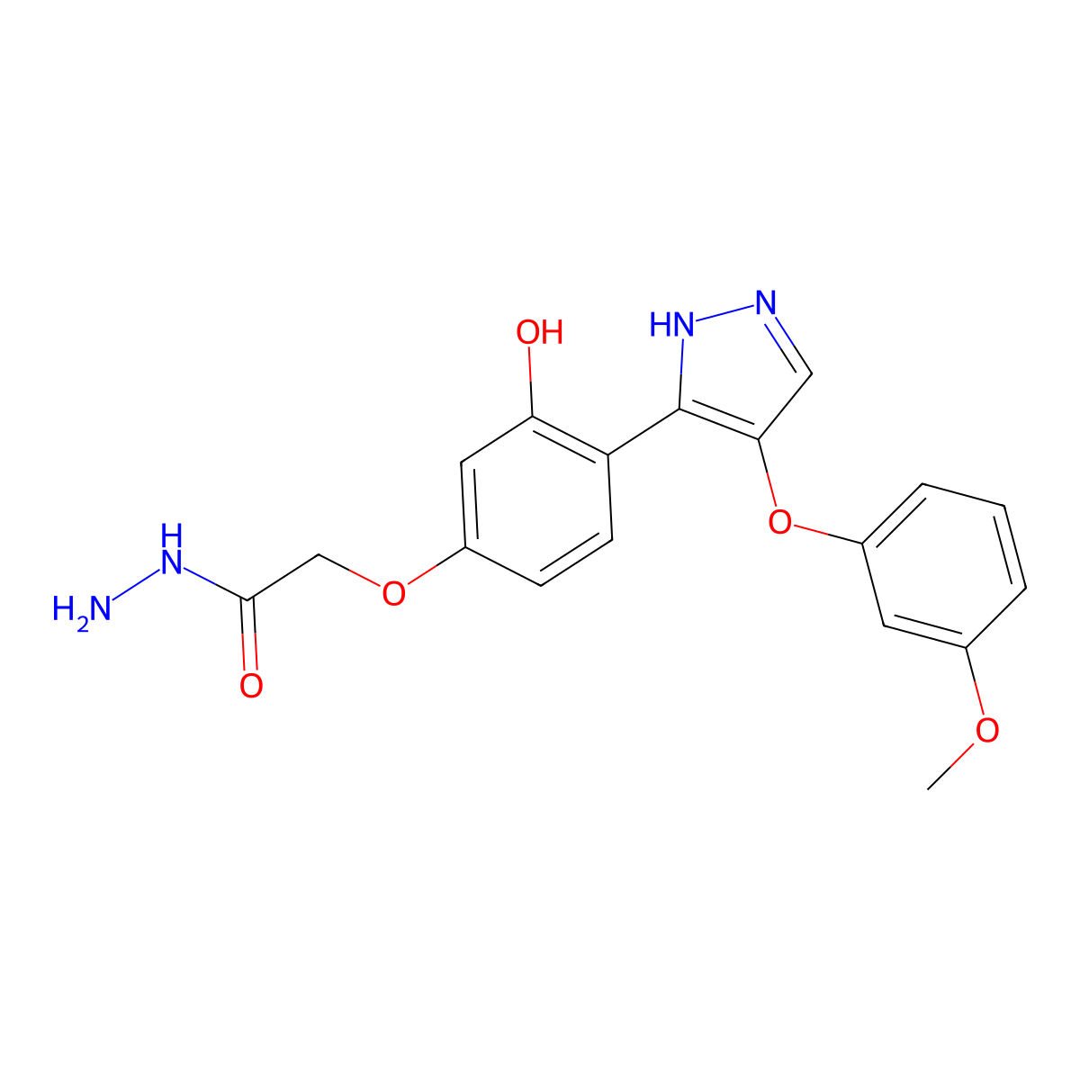 2-(3-hydroxy-4-(4-(3-methoxyphenoxy)-1H-pyrazol-3-yl)phenoxy)acetohydrazide molecular structure, CAS 1009770-29-9