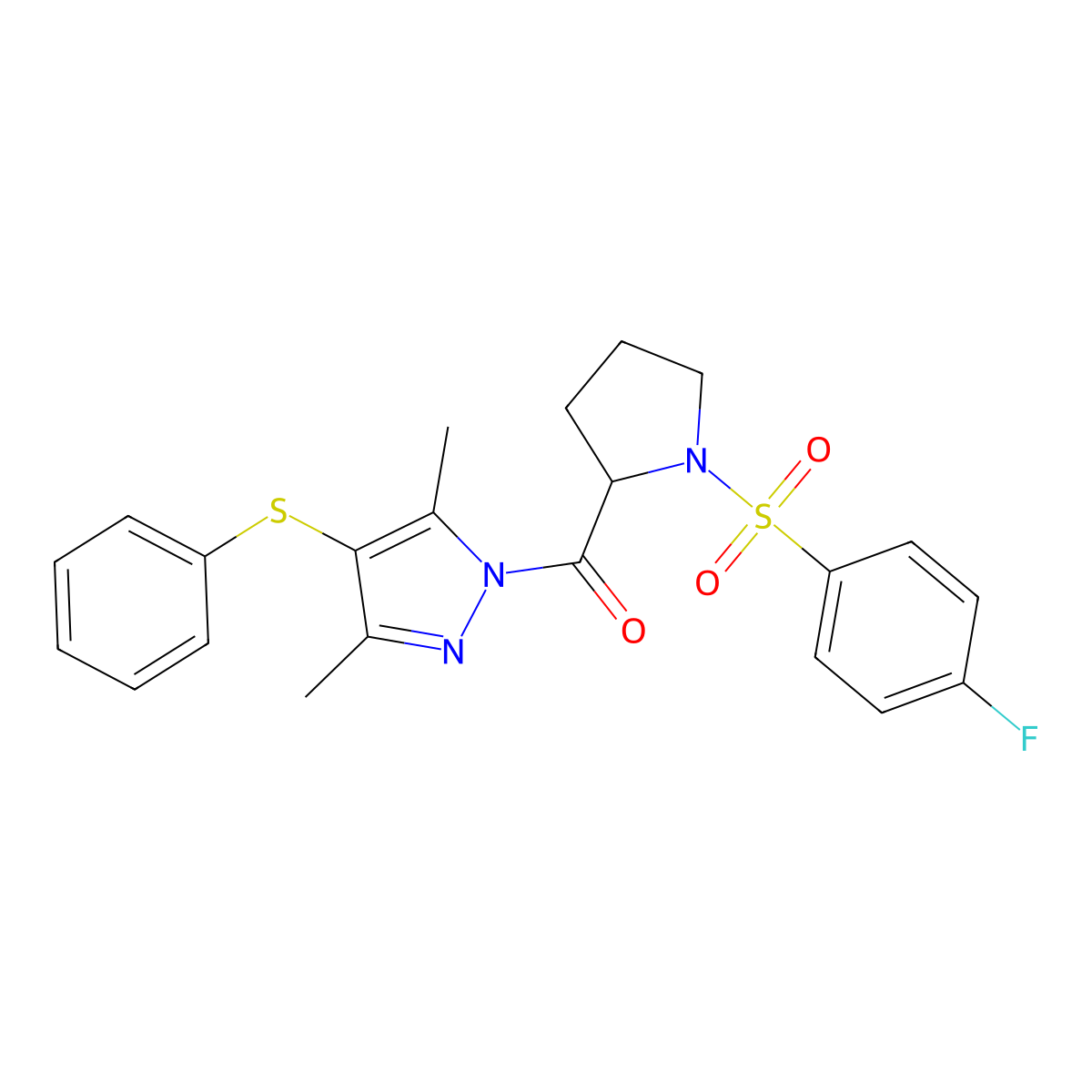 (3,5-dimethyl-4-(phenylthio)-1H-pyrazol-1-yl)(1-((4-fluorophenyl)sulfonyl)pyrrolidin-2-yl)methanone molecular structure, CAS 1009773-57-2
