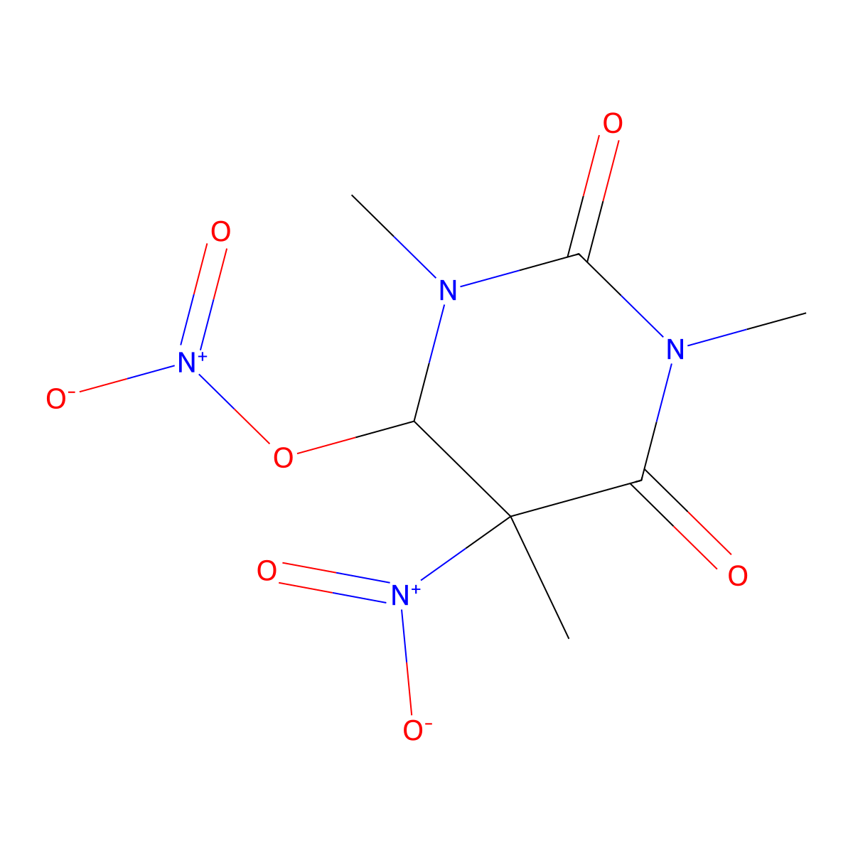 1,3,5-Trimethyl-5-nitro-2,6-dioxohexahydropyrimidin-4-yl nitrate molecular structure, CAS 1009778-25-9