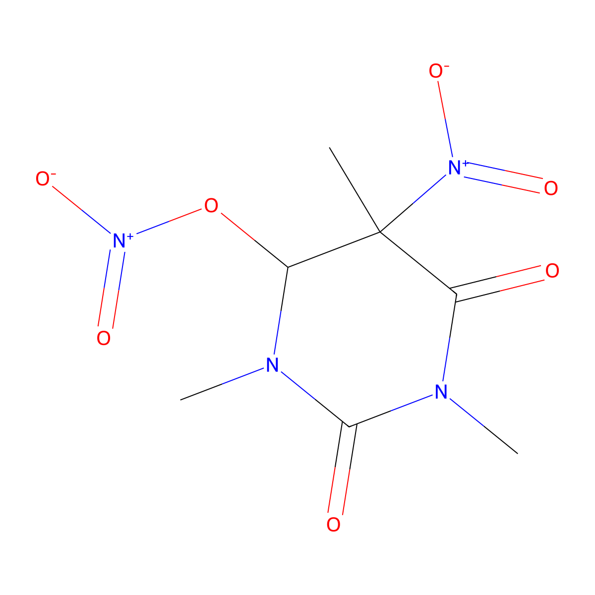 1,3,5-Trimethyl-5-nitro-2,6-dioxohexahydropyrimidin-4-yl nitrate molecular structure, CAS 1009778-25-9