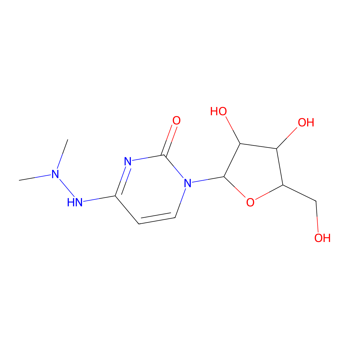 2(1H)-Pyrimidinone, 4-(2,2-dimethylhydrazino)-1-(beta-D-ribofuranosyl)- molecular structure, CAS 100997-65-7