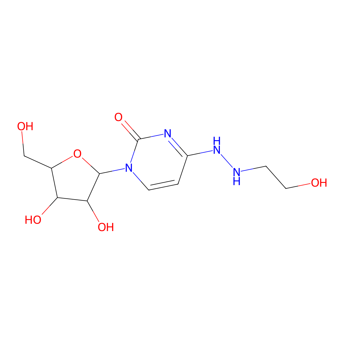2(1H)-Pyrimidinone, 4-(2-(2-hydroxyethyl)hydrazino)-1-(beta-D-ribofuranosyl)- molecular structure, CAS 100997-67-9