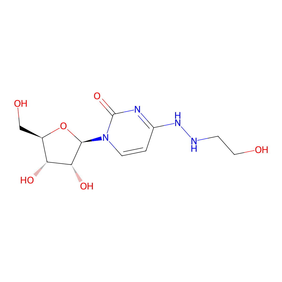 2(1H)-Pyrimidinone, 4-(2-(2-hydroxyethyl)hydrazino)-1-(beta-D-ribofuranosyl)- molecular structure, CAS 100997-67-9