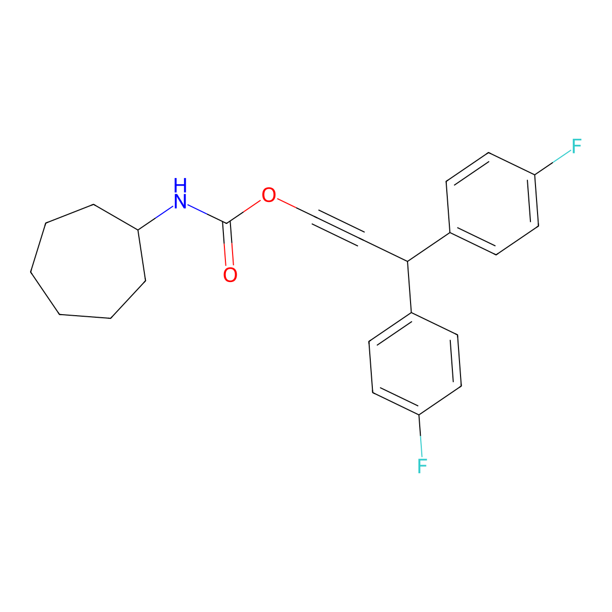 CYCLOHEPTANECARBAMIC ACID, 3,3-BIS(p-FLUOROPHENYL)-1-PROPYNYL ESTER molecular structure, CAS 101052-66-8