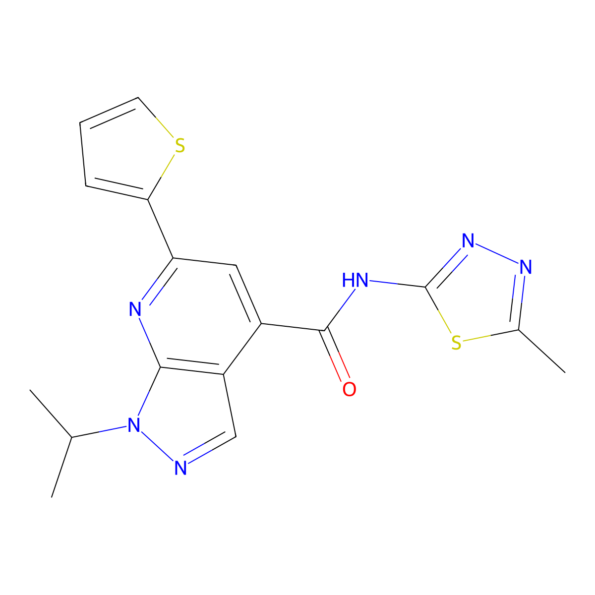 N-(5-methyl-1,3,4-thiadiazol-2-yl)-1-(propan-2-yl)-6-(thiophen-2-yl)-1H-pyrazolo[3,4-b]pyridine-4-carboxamide molecular structure, CAS 1010542-92-3