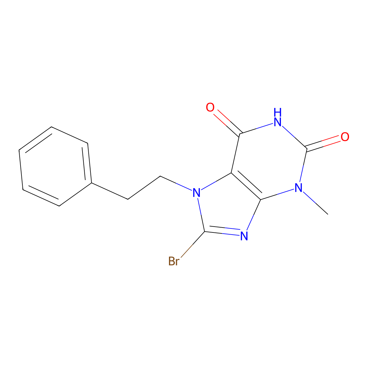 1H-Purine-2,6-dione, 8-bromo-3,7-dihydro-3-methyl-7-(2-phenylethyl)- molecular structure, CAS 101071-99-2