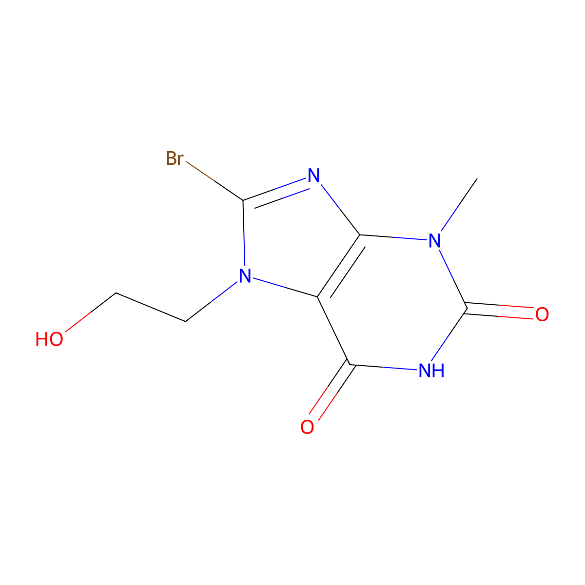 8-bromo-7-(2-hydroxyethyl)-3-methyl-2,3,6,7-tetrahydro-1H-purine-2,6-dione molecular structure, CAS 101072-00-8