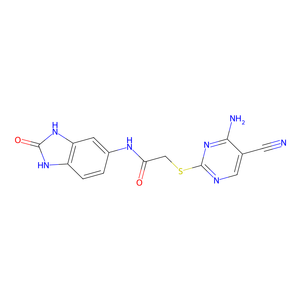 2-[(4-amino-5-cyanopyrimidin-2-yl)sulfanyl]-N-(2-oxo-2,3-dihydro-1H-benzimidazol-5-yl)acetamide molecular structure, CAS 1010861-27-4
