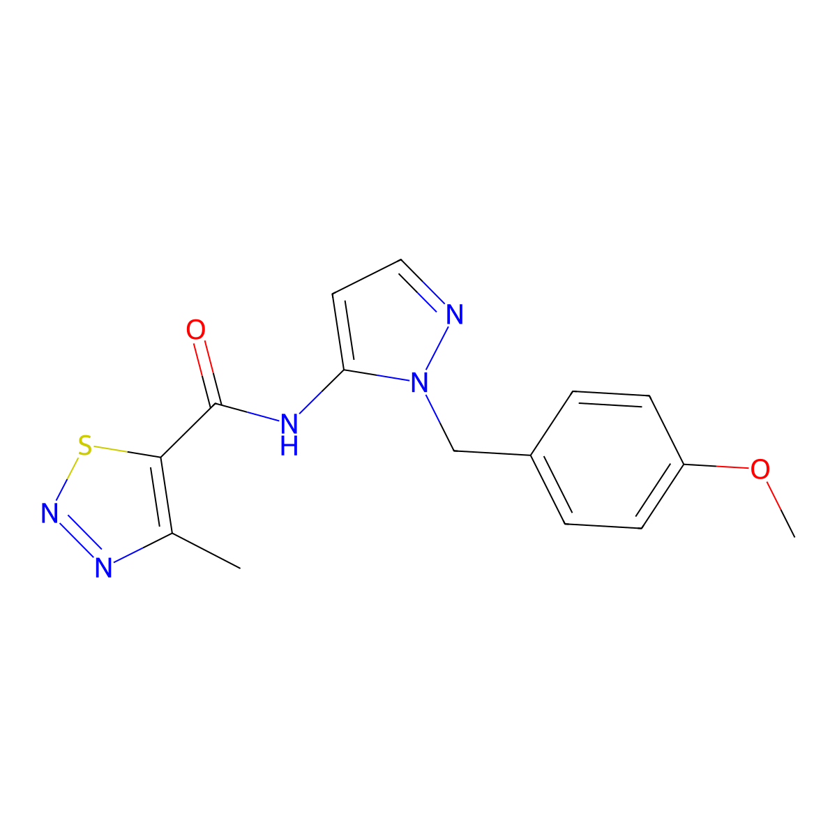N-[1-(4-methoxybenzyl)-1H-pyrazol-5-yl]-4-methyl-1,2,3-thiadiazole-5-carboxamide molecular structure, CAS 1010864-26-2