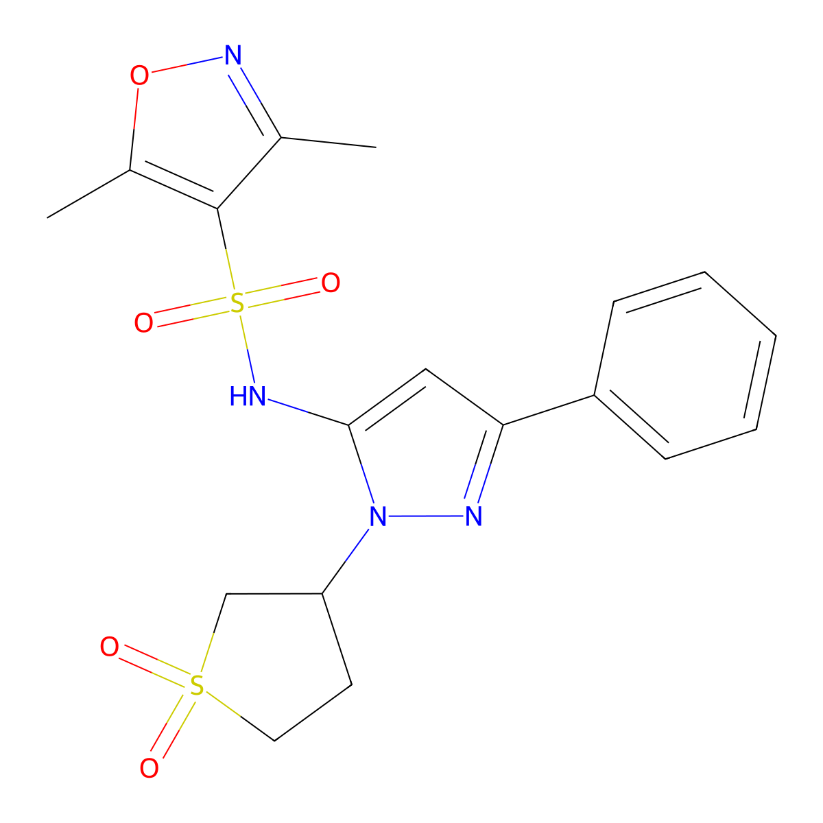 N-[1-(1,1-dioxidotetrahydrothiophen-3-yl)-3-phenyl-1H-pyrazol-5-yl]-3,5-dimethyl-1,2-oxazole-4-sulfonamide molecular structure, CAS 1010864-39-7