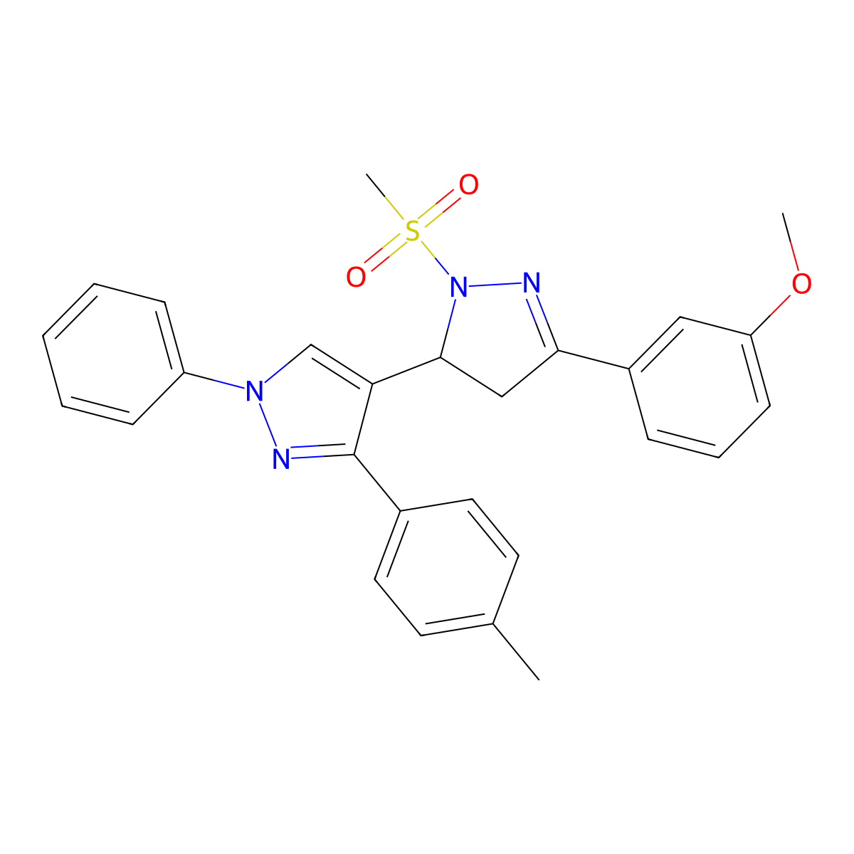 5-(3-methoxyphenyl)-2-(methylsulfonyl)-1'-phenyl-3'-(p-tolyl)-3,4-dihydro-1'H,2H-3,4'-bipyrazole molecular structure, CAS 1010864-44-4