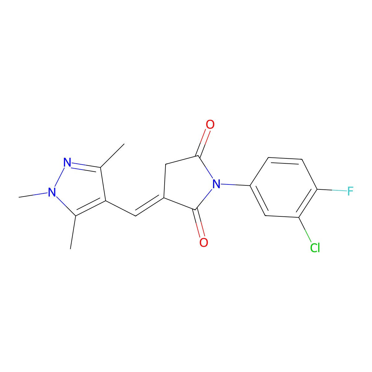 1-(3-Chloro-4-fluorophenyl)-3-[(1,3,5-trimethyl-1H-pyrazol-4-yl)methylene]-2,5-pyrrolidinedione molecular structure, CAS 1010865-20-9