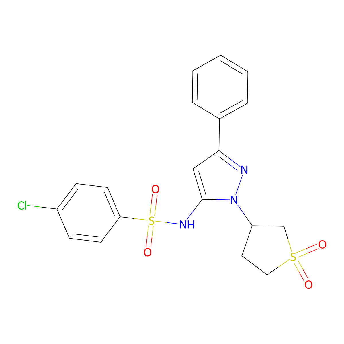 3-(5-{[(4-Chlorophenyl)sulfonyl]amino}-3-phenylpyrazolyl)thiolane-1,1-dione molecular structure, CAS 1010865-38-9