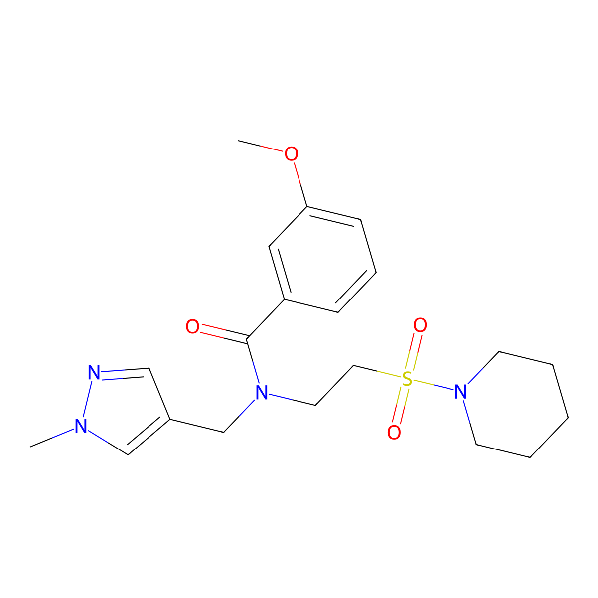 3-methoxy-N-[(1-methyl-1H-pyrazol-4-yl)methyl]-N-[2-(piperidin-1-ylsulfonyl)ethyl]benzamide molecular structure, CAS 1010865-42-5