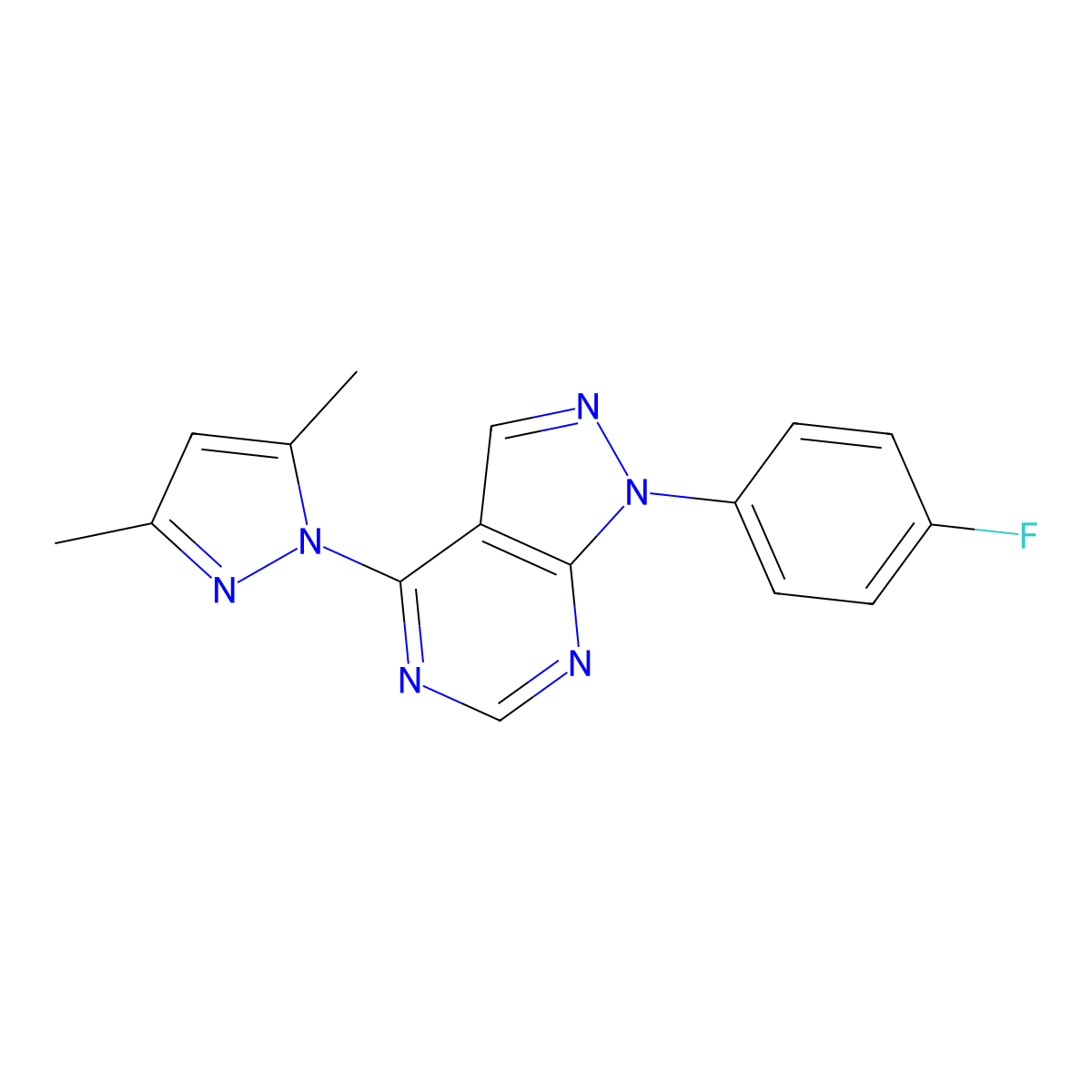 4-(3,5-dimethyl-1H-pyrazol-1-yl)-1-(4-fluorophenyl)-1H-pyrazolo[3,4-d]pyrimidine molecular structure, CAS 1010865-44-7