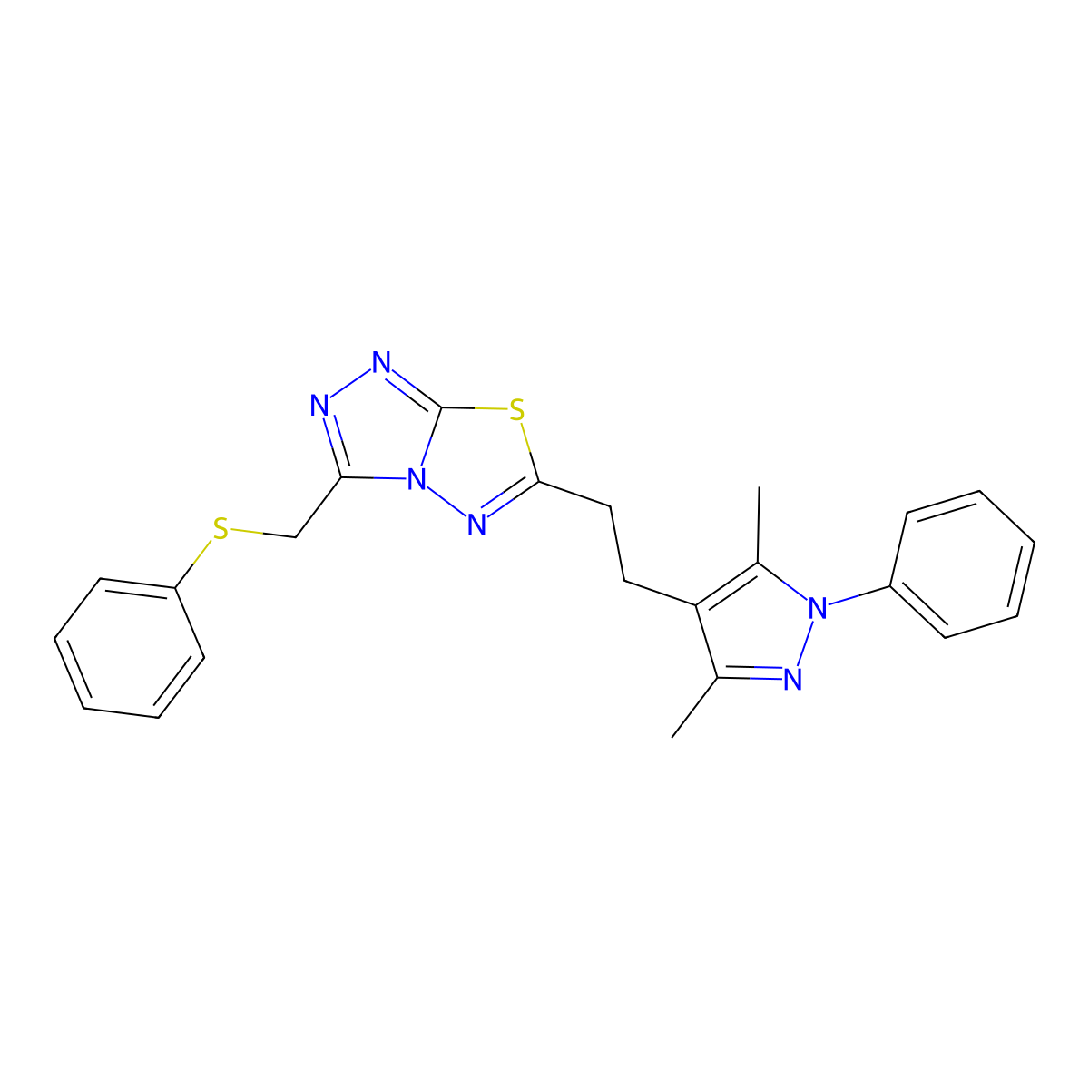 6-[2-(3,5-dimethyl-1-phenyl-1H-pyrazol-4-yl)ethyl]-3-[(phenylsulfanyl)methyl][1,2,4]triazolo[3,4-b][1,3,4]thiadiazole molecular structure, CAS 1010866-23-5