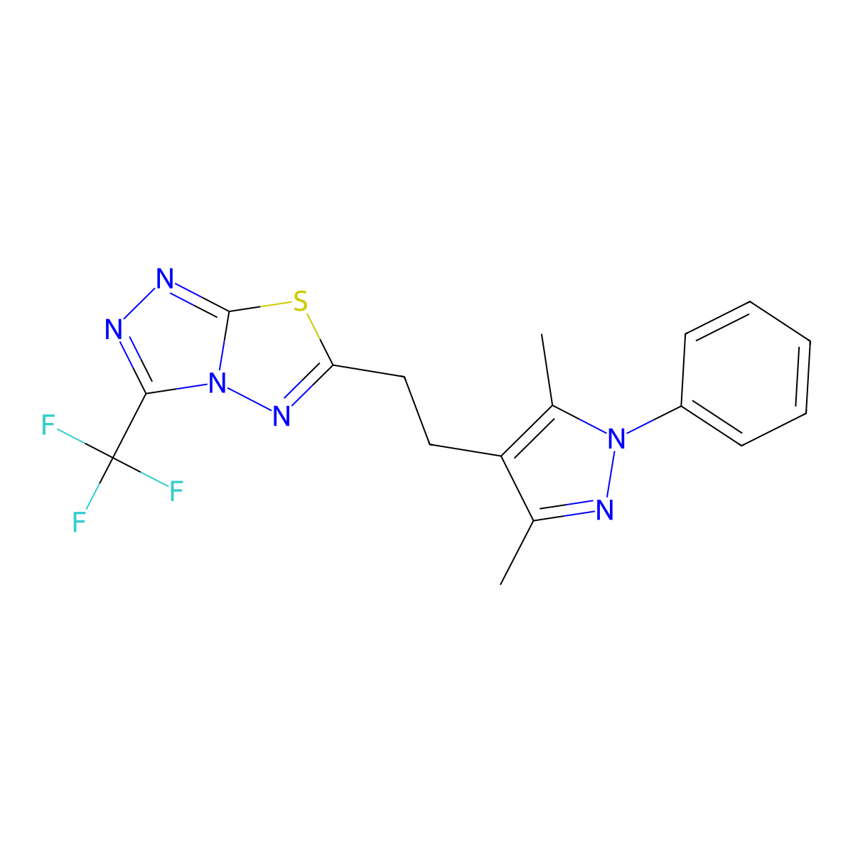 6-[2-(3,5-dimethyl-1-phenyl-1H-pyrazol-4-yl)ethyl]-3-(trifluoromethyl)[1,2,4]triazolo[3,4-b][1,3,4]thiadiazole molecular structure, CAS 1010866-51-9