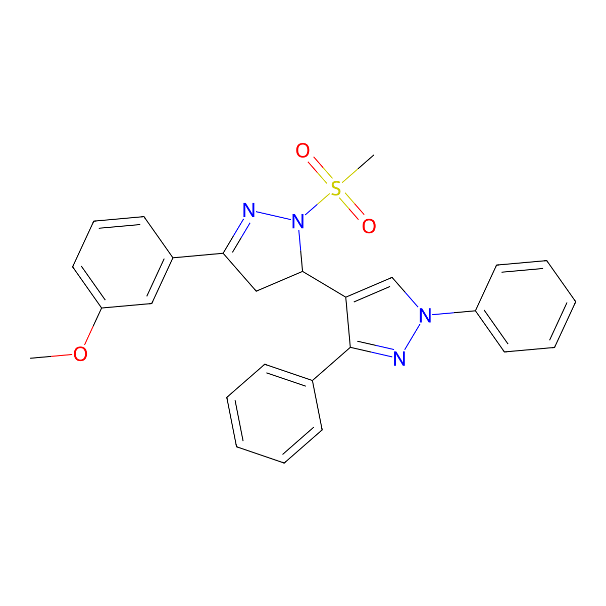 5-(3-methoxyphenyl)-2-(methylsulfonyl)-1',3'-diphenyl-3,4-dihydro-1'H,2H-3,4'-bipyrazole molecular structure, CAS 1010866-57-5