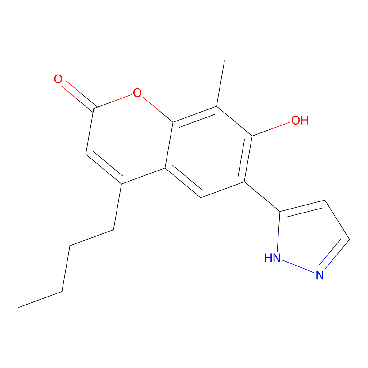 4-butyl-7-hydroxy-8-methyl-6-(1H-pyrazol-3-yl)-2H-chromen-2-one molecular structure, CAS 1010866-91-7