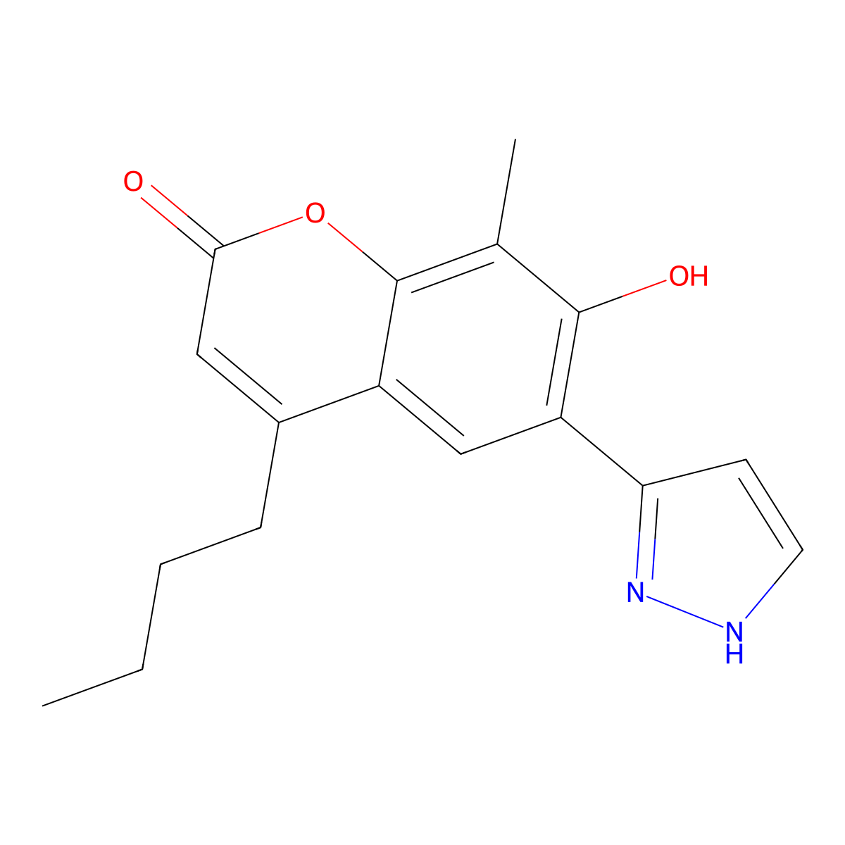 4-butyl-7-hydroxy-8-methyl-6-(1H-pyrazol-3-yl)-2H-chromen-2-one molecular structure, CAS 1010866-91-7