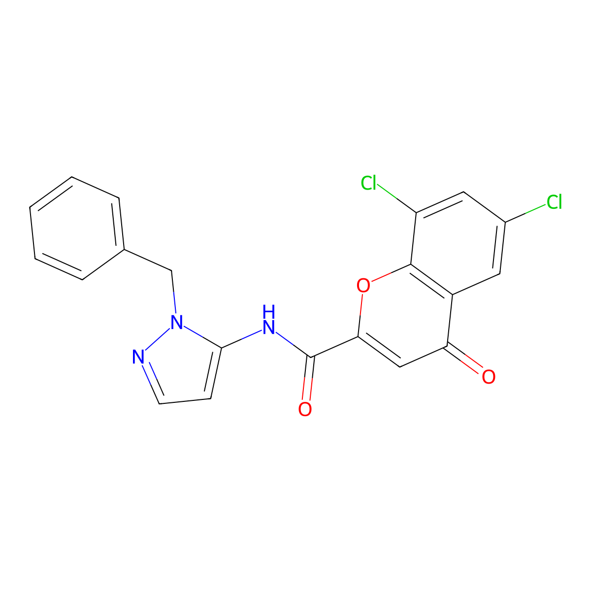 N-(1-benzyl-1H-pyrazol-5-yl)-6,8-dichloro-4-oxo-4H-chromene-2-carboxamide molecular structure, CAS 1010867-41-0