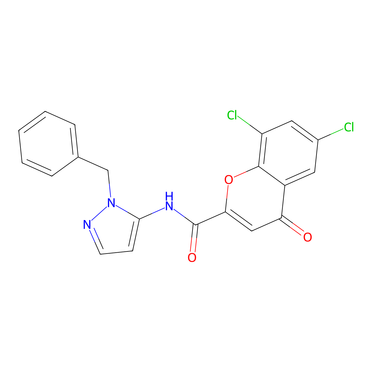 N-(1-benzyl-1H-pyrazol-5-yl)-6,8-dichloro-4-oxo-4H-chromene-2-carboxamide molecular structure, CAS 1010867-41-0