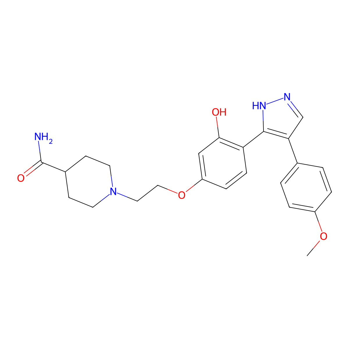 1-(2-(3-hydroxy-4-(4-(4-methoxyphenyl)-1H-pyrazol-3-yl)phenoxy)ethyl)piperidine-4-carboxamide molecular structure, CAS 1010867-45-4