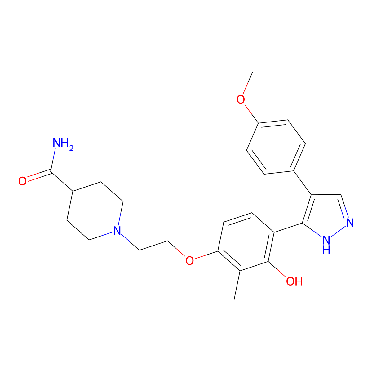 1-(2-(3-hydroxy-4-(4-(4-methoxyphenyl)-1H-pyrazol-3-yl)-2-methylphenoxy)ethyl)piperidine-4-carboxamide molecular structure, CAS 1010867-57-8