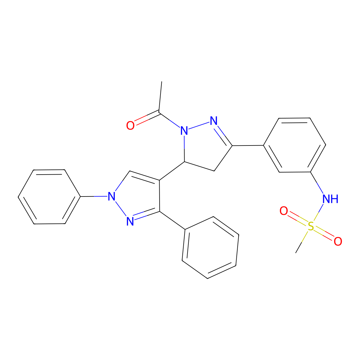 N-[3-(2-acetyl-1',3'-diphenyl-3,4-dihydro-1'H,2H-3,4'-bipyrazol-5-yl)phenyl]methanesulfonamide molecular structure, CAS 1010868-07-1